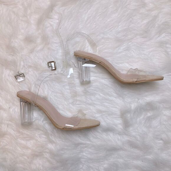 Fashion Nova Square Crystalbelle Ankle Wrap Open Toe Clear/nude Heels - Picture 3 of 12